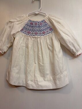 Cream Kids Smocked Dress with Blue and Pink Embroidery